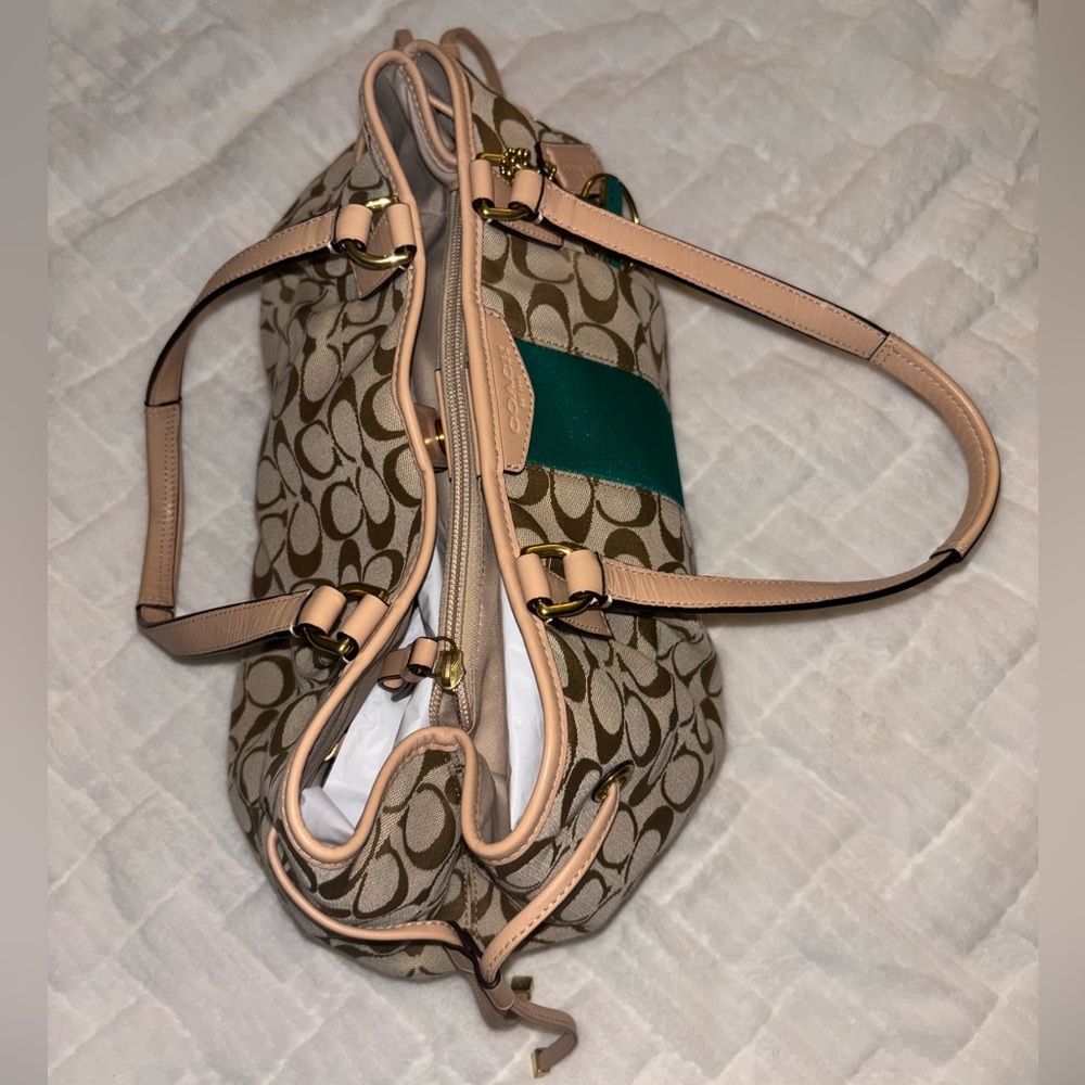 Coach Signature Khaki Tan with Green Stripe Drawstring Carryall (F28501) - Picture 4 of 10